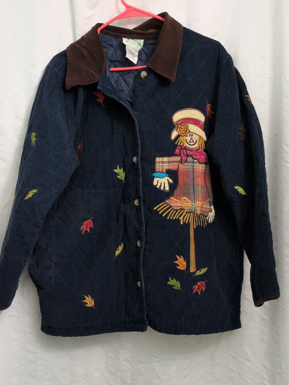 Quacker Factory Navy Scarecrow Embroidered Quilted Jacket with Brown Collar